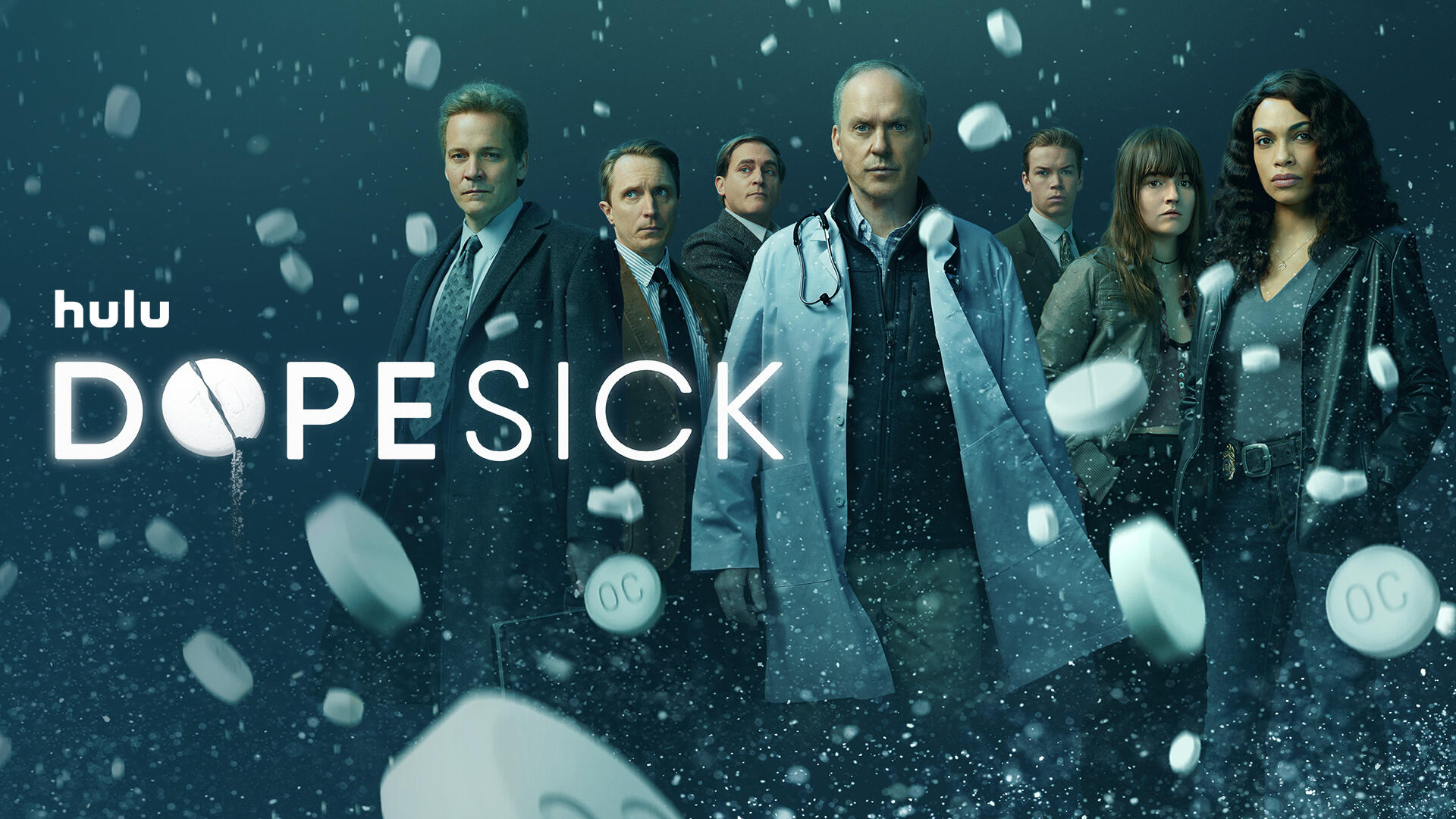 Dopesick -- From Executive Producer Danny Strong and starring and executive produced by Michael Keaton, “Dopesick” examines how one company triggered the worst drug epidemic in American history. The series takes viewers to the epicenter of America’s struggle with opioid addiction, from the boardrooms of Big Pharma, to a distressed Virginia mining community, to the hallways of the DEA. Defying all the odds, heroes will emerge in an intense and thrilling ride to take down the craven corporate forces behind this national crisis and their allies. The limited series is inspired by the New York Times bestselling book by Beth Macy. Dr. Samuel Finnix (Michael Keaton), Rick Mountcastle (Peter Sarsgaard), Richard Sackler (Michael Stuhlberg), Billy (Will Poulter), Randy Ramseyer (John Hoogenakker), Betsy (Kaitlyn Dever) and Bridget Meyer (Rosario Dawson), shown. (Courtesy of Hulu)