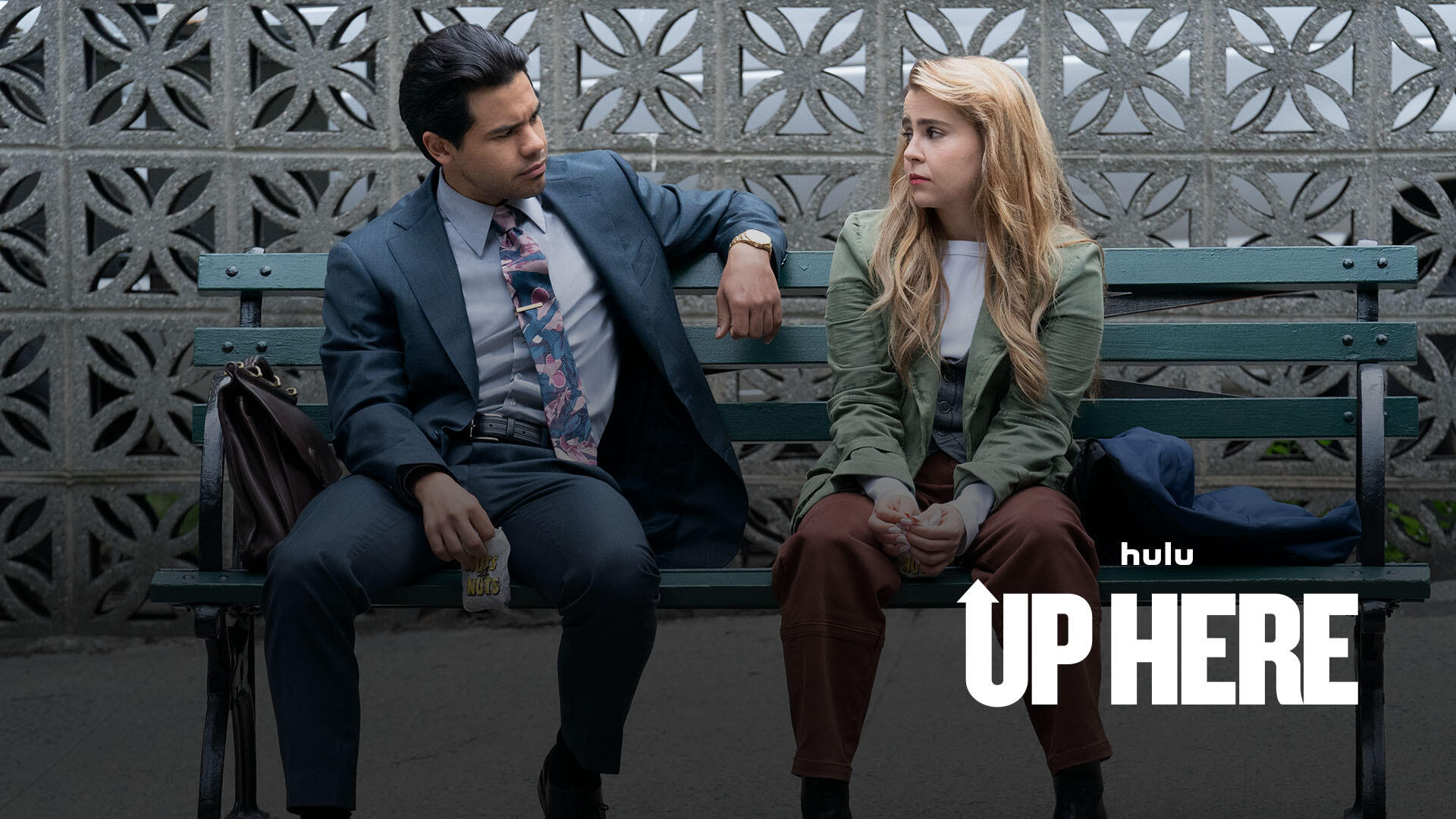 Up Here -- Season 1 -- A musical romantic comedy set in New York City in the waning days of 1999, following the extraordinary story of one ordinary couple, as they fall in love – and discover that the single greatest obstacle to finding happiness together might just be themselves – and the treacherous world of memories, obsessions, fears, and fantasies that lives inside their heads. Lindsay (Mae Whitman) and Miguel (Carlos Valdes), shown. (Courtesy of Hulu)